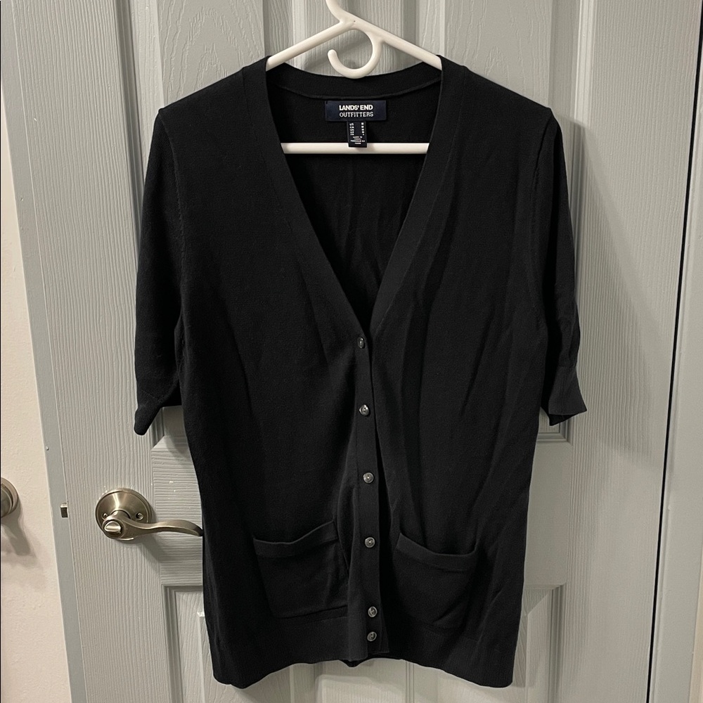 Lands' End Black Short-Sleeve Button Cardigan - Picture 2 of 2